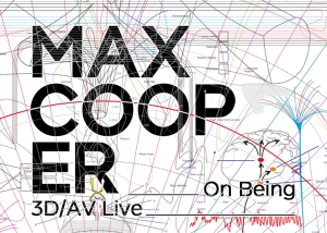 Abstract graphic with intersecting lines and shapes as background; large black text reads "MAX COOPER 3D/AV Live On Being.