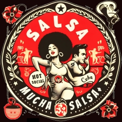 Circular poster with stylized art of a dancing couple in the center, labeled "Salsa Mucha Salsa," featuring red, black, and white colors and floral decorations.