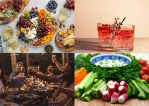 A collage shows a cheese and fruit platter, two red cocktails, a group toasting at an outdoor meal, and a plate of fresh vegetables with dip.