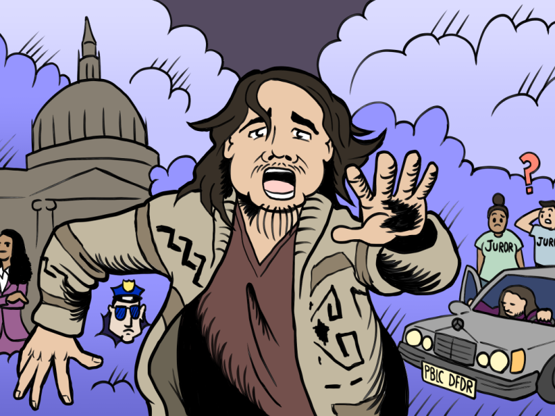 A man with long hair looks frightened as he runs, with a judge, police officer, jurors, and a car with "PBIC DFDR" on the license plate in the background.