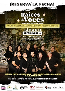 A group of twelve women pose together on stage in front of an event poster for "Raíces & Voces," a music night scheduled for September 6 at Dance Mission Theater in San Francisco.