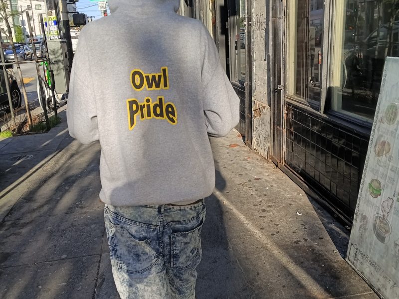 Person wearing a gray "Owl Pride" hoodie and jeans walks on a sunlit city sidewalk near storefronts and street signs.