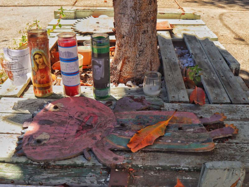 Four prayer candles, a small white candle, and a photo sit on a weathered wooden platform with a tree and fallen leaves, next to a painted wooden figure.