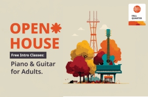 Flyer for an open house offering free introductory piano and guitar classes for adults, with illustrated trees, a piano, and a guitar.