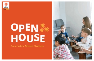 Children sit in a circle playing hand drums with an adult instructor; text reads "Open House - Free Intro Music Classes.