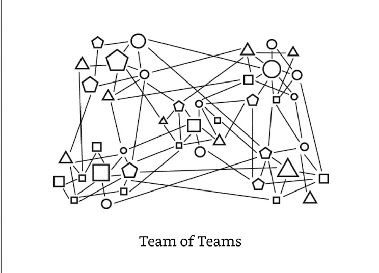 A network of interconnected geometric shapes, including circles, squares, pentagons, and triangles, illustrating complex relationships. Text below reads "Team of Teams.