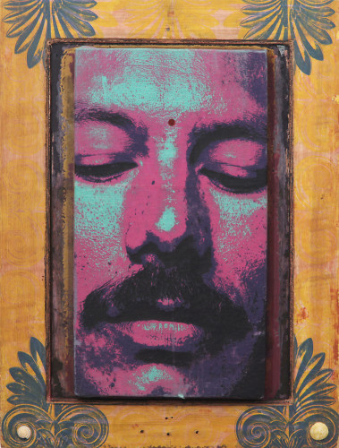 A brightly colored, close-up portrait of a man's face with eyes closed, featuring pink, turquoise, and black hues, framed by a decorative yellow border with blue floral designs.
