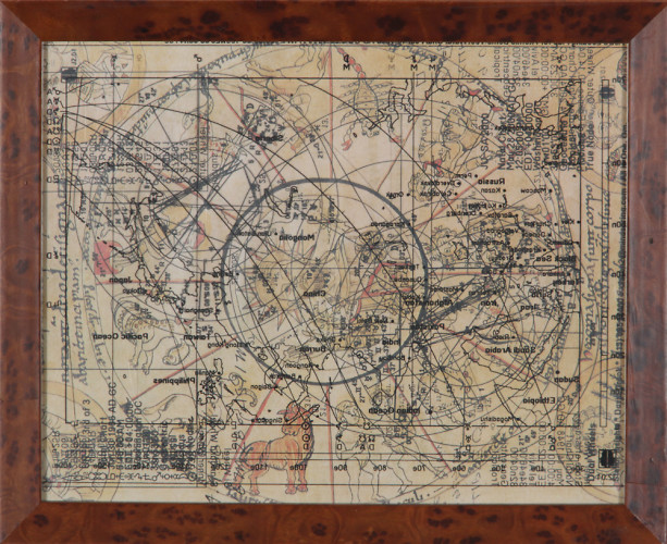 Framed vintage celestial map with handwritten notations and celestial coordinates, featuring constellations and star charts.