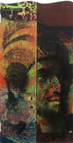A vertical artwork features a split portrait with abstract patterns, vivid colors, and textured overlays; the left side is more detailed, while the right is darker and less defined.