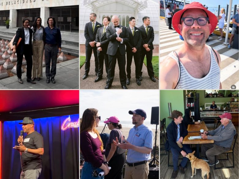 A collage of six photos featuring people in formal and casual settings, including group poses, outdoor scenes, and conversations in a cafe and onstage.