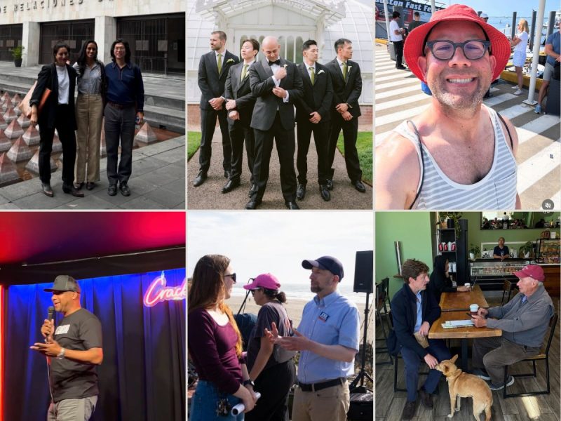 A collage of six photos featuring people in formal and casual settings, including group poses, outdoor scenes, and conversations in a cafe and onstage.
