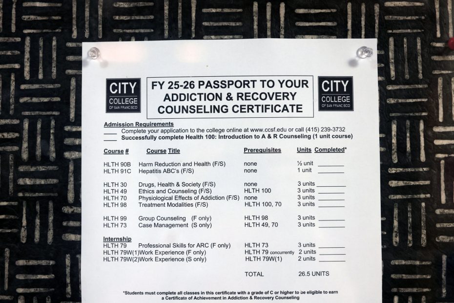 A printed notice from City College lists courses and requirements for the Addiction & Recovery Counseling Certificate for FY 25-26, including course titles, numbers, units, and prerequisites.