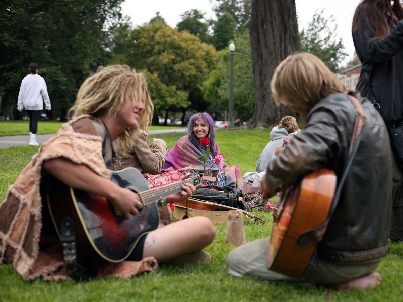 Two people play acoustic guitars on the grass in a park while others sit nearby; one person wrapped in a blanket smiles and holds a flower. Trees and a lamp post are visible in the background.