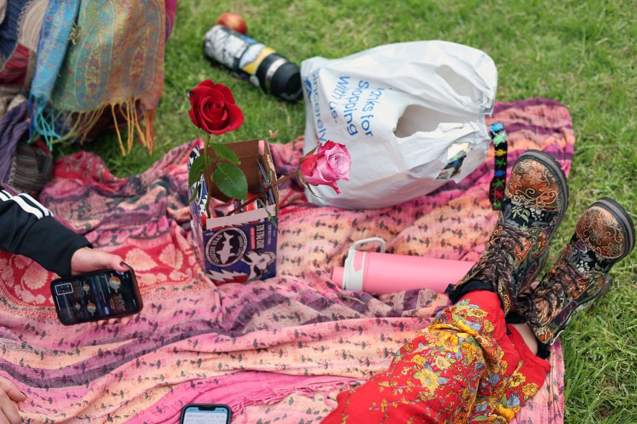 Two people sit on a patterned blanket with a drink, roses in a vase, shopping bag, and a phone on the grass. One person wears colorful boots and red floral pants.