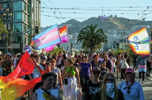 A group of people march outdoors carrying various flags, including the transgender pride flag and the Israeli flag with a rainbow background.
