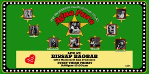 Promotional poster for Agua Pura band’s live show at Bissap Baobab, San Francisco, displaying band members’ photos and event details on a green background with yellow stars.