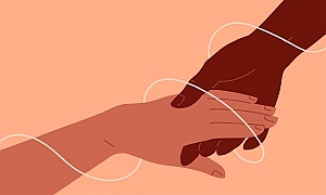 Illustration of two hands, one light-skinned and one dark-skinned, gently holding each other with a white line looping around them on a peach background.