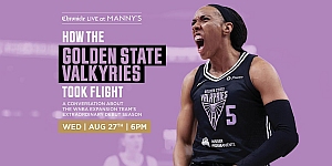 A basketball player in a Golden State Valkyries jersey (#5) shouts in excitement; event details about a conversation on the team’s debut season are displayed on a purple background.