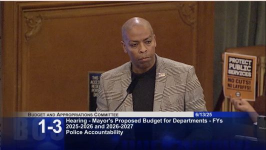 A man in a plaid jacket speaks at a podium during a Budget and Appropriations Committee hearing on police accountability, with protest signs visible in the background.