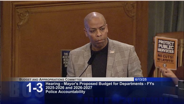 A man in a plaid jacket speaks at a podium during a Budget and Appropriations Committee hearing on police accountability, with protest signs visible in the background.