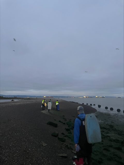Several people wearing reflective vests and carrying equipment walk along a rocky shoreline at dusk, with ships visible in the distance and birds flying overhead.