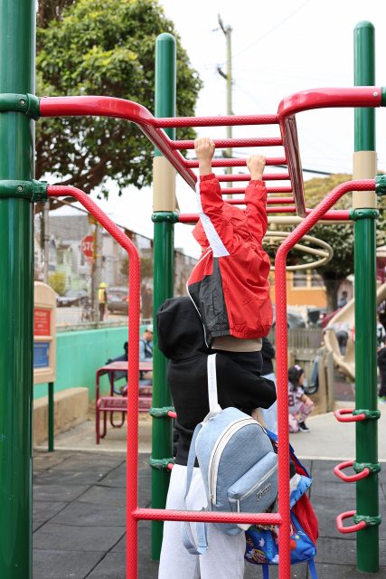 Two children use playground monkey bars; one child hangs while another helps by holding them up. A blue backpack hangs from the supporting child's shoulders.