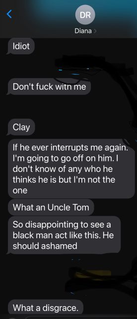 A text message conversation shows several heated messages, including insults and accusations of being an "Uncle Tom" and a "disgrace," with profanity used throughout.