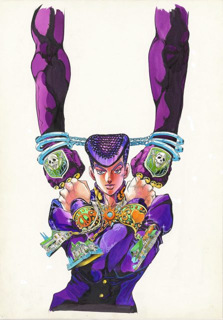 A stylized illustration of a young man in purple clothing with elaborate accessories, raising clenched fists with two large purple arms and chains above him, in a dynamic pose.