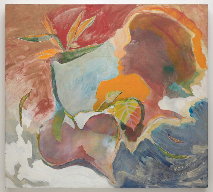 Abstract painting featuring the profile of a human face blending into swirling colors, with leaves and a flower emerging from a vase-like shape in the center.