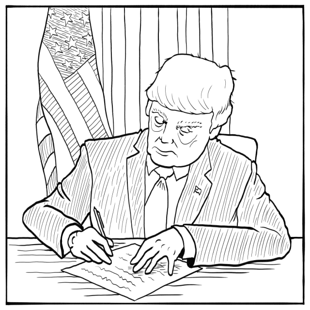 A man in a suit sits at a desk, signing a document with a pen. An American flag is visible in the background.