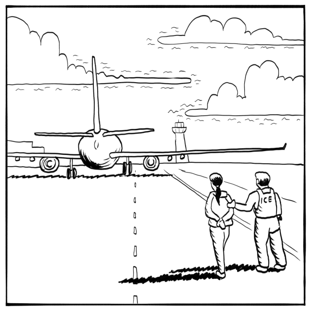 Two people, one wearing a jacket labeled "ICE," escort another person toward a large airplane on a runway, with an air traffic control tower visible in the background.