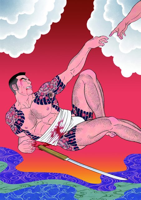 A muscular, tattooed man with a bloody bandage and a sword lies over stylized waves, reaching toward a hand emerging from clouds against a red sky.