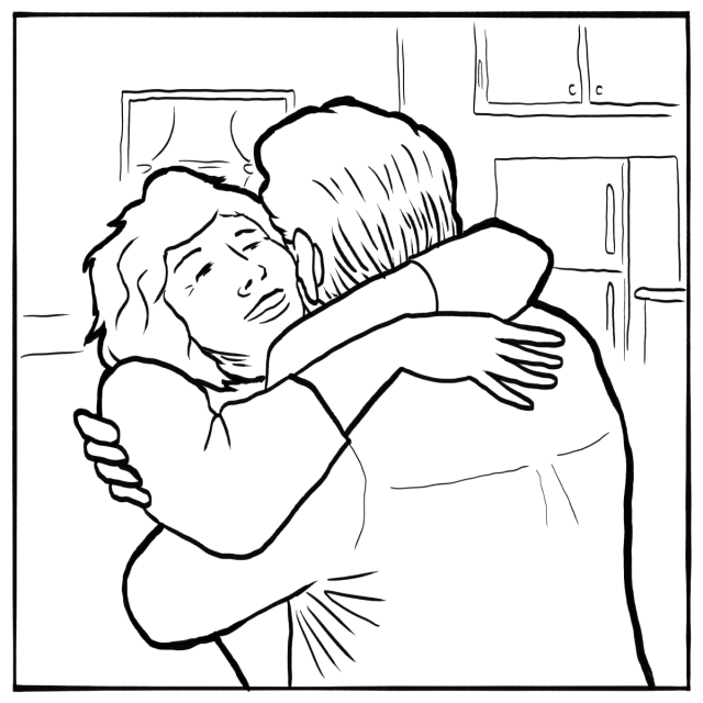 Two people are embracing each other in a kitchen, with cabinets and a window visible in the background.