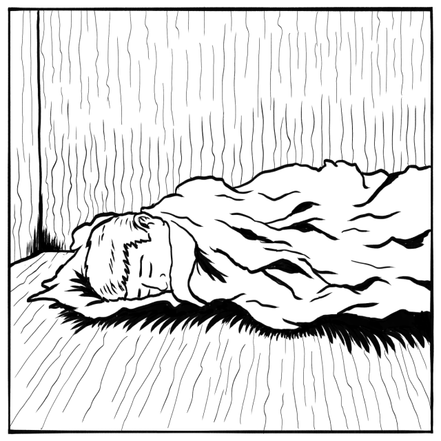 A person lies on their side, covered by a blanket, on a floor with textured lines suggesting wood and a similarly textured wall behind them.