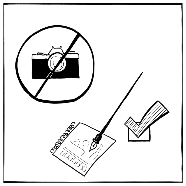 A crossed-out camera symbol, a pen writing on a notepad with doodles, and a check mark, suggesting no photos allowed but notes are permitted.