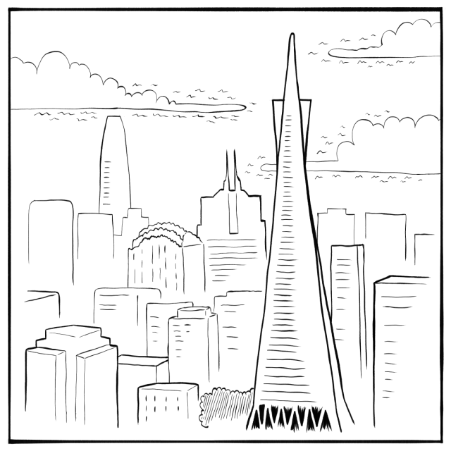 Line drawing of a city skyline featuring the Transamerica Pyramid and other prominent buildings under a partly cloudy sky.