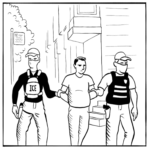 Two law enforcement officers escort a handcuffed man down a sidewalk; one officer's vest is labeled "ICE.