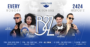 Promotional flyer for a weekly event at Verdi Club, featuring DJs and artists, held every Monday at 2424 Mariposa St. Event times and performers are listed on the flyer.