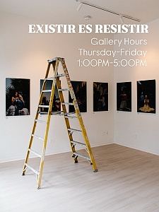 A yellow ladder stands in the center of an art gallery with framed photographs on white walls. Text above the ladder displays gallery hours and the phrase "Existir es resistir.