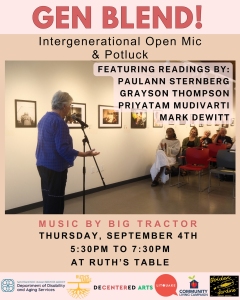 An older woman speaks into a microphone at an art gallery event, with event details and featured readers listed on the image.