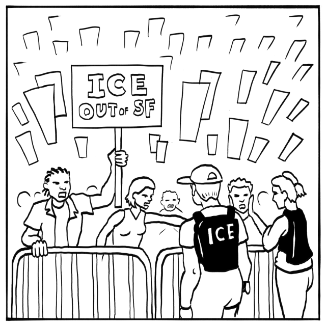 A group of protesters holds a sign that says "ICE OUT OF SF" behind a barricade, facing two people wearing vests labeled "ICE".
