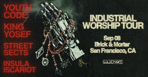 A robotic hand with chains and charms is shown next to text listing bands and details for the Industrial Worship Tour at Brick & Mortar in San Francisco, CA on Sep 8.