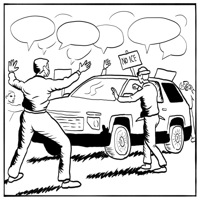 A group of people surround an SUV holding "No ICE" signs and raising their hands, with blank speech bubbles above them.
