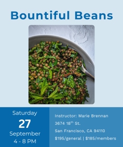 A bowl of cooked beans mixed with leafy greens sits on a table. Event details for "Bountiful Beans" cooking class are displayed around the image.
