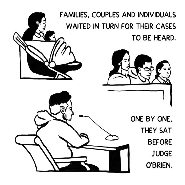 Black and white illustration of people waiting and taking turns to speak in a courtroom, with text describing them sitting before Judge O'Brien.
