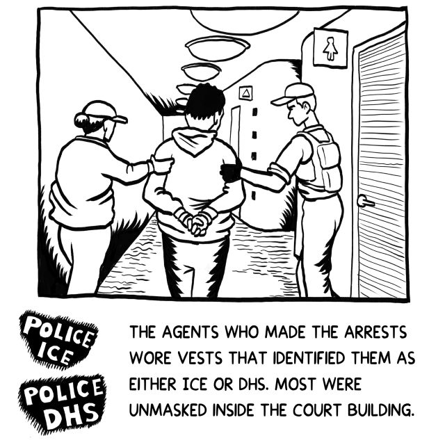 Two agents escort a handcuffed person down a hallway. Their vests are labeled "Police ICE" and "Police DHS." A caption about arrests appears below.