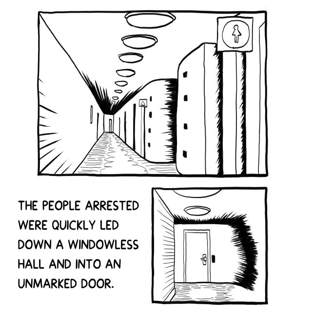 A windowless hallway leads to a women's restroom; another view shows a plain, unmarked door at the end of a similar hall.