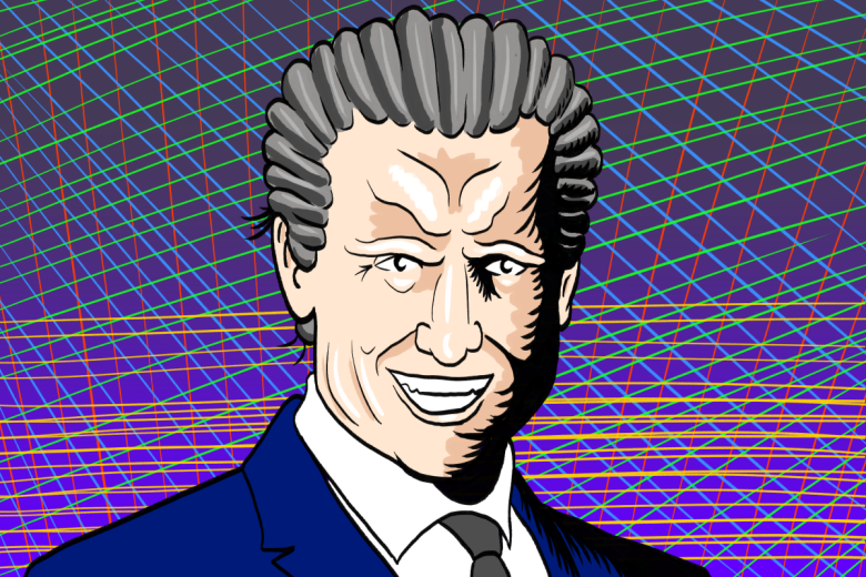 Stylized illustration of a smiling man in a suit with gray hair, set against a colorful geometric background of intersecting lines.