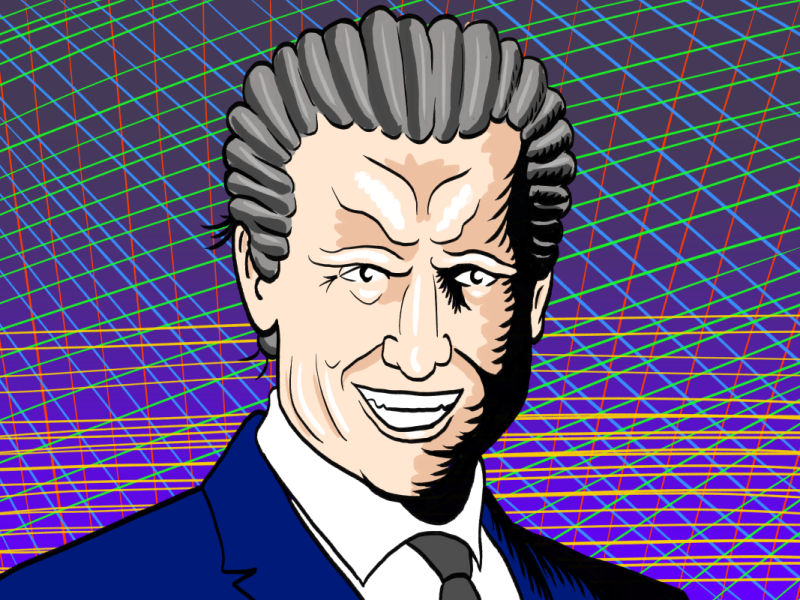 Stylized illustration of a smiling man in a suit with gray hair, set against a colorful geometric background of intersecting lines.