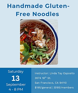 Event poster for a handmade gluten-free noodles class with a bowl of noodles pictured, details including date, time, location, price, and instructor information.